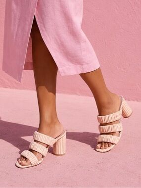 Deltan Blush Pink Ruched Triple Strap Block Heel Mule Sandals size 7.5